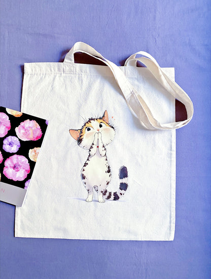 Ultra-soft hand-printed cat bag that feels like a warm hug on stressful days.