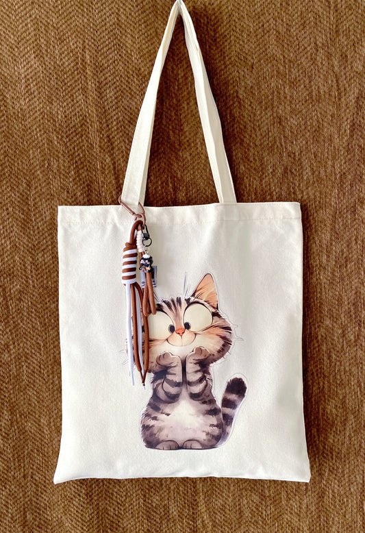 relaxed style canvas shoulder bag with artistic kitty illustration