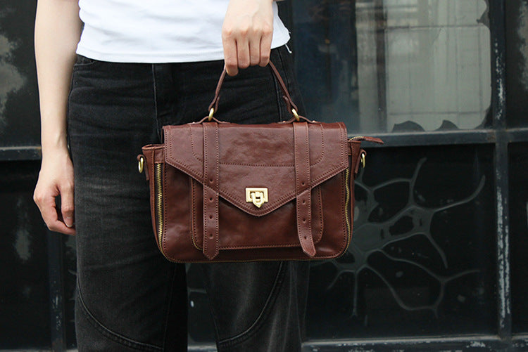 Genuine Leather Shoulder Bag with Retro Design