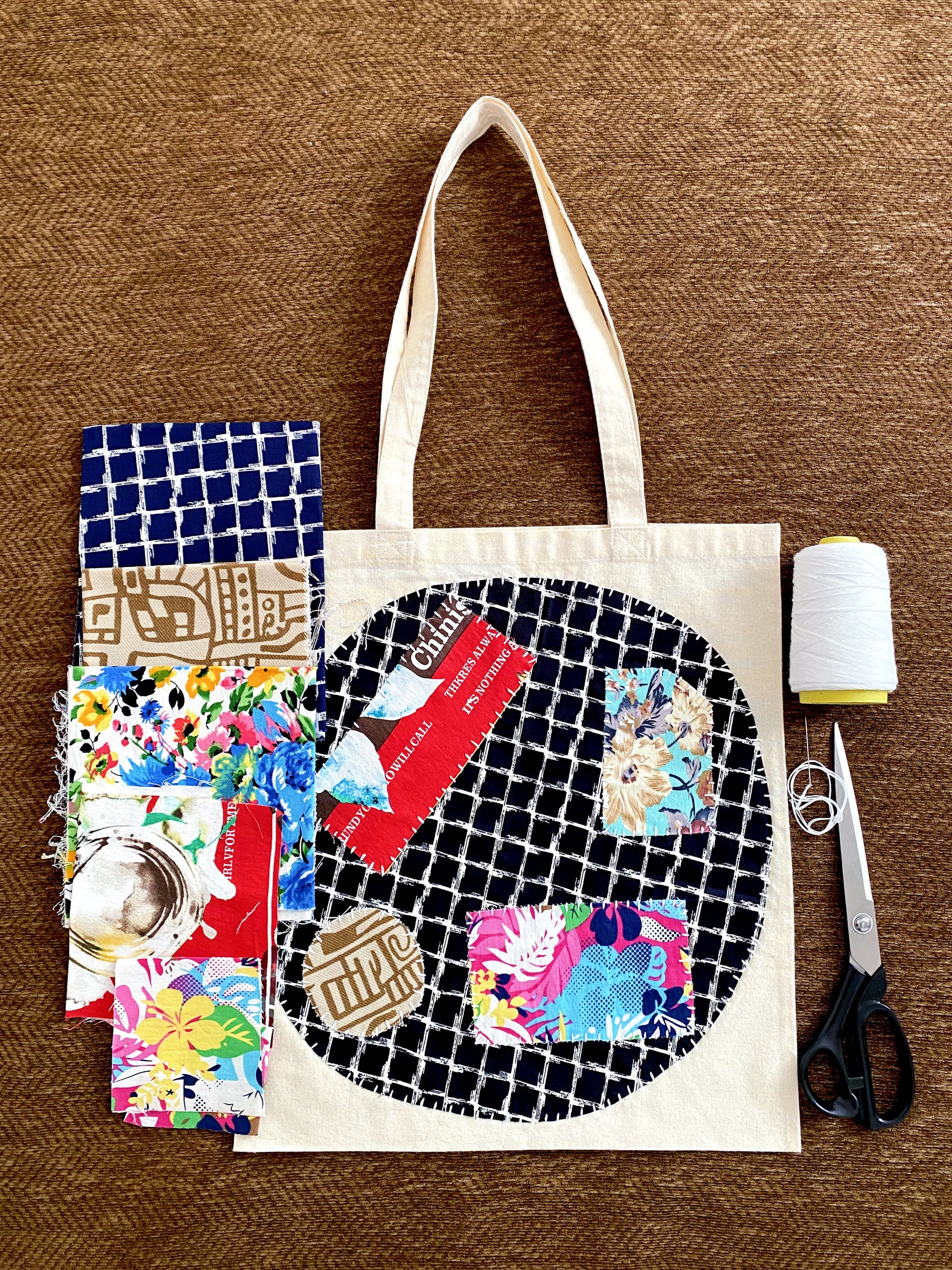 Lightweight cotton tote featuring original handmade patchwork for low-waste shopping