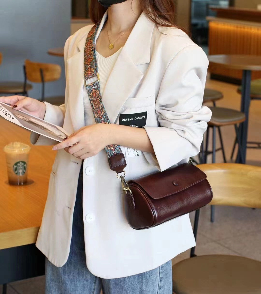 Genuine Leather Round Crossbody Bag for Women woyaza