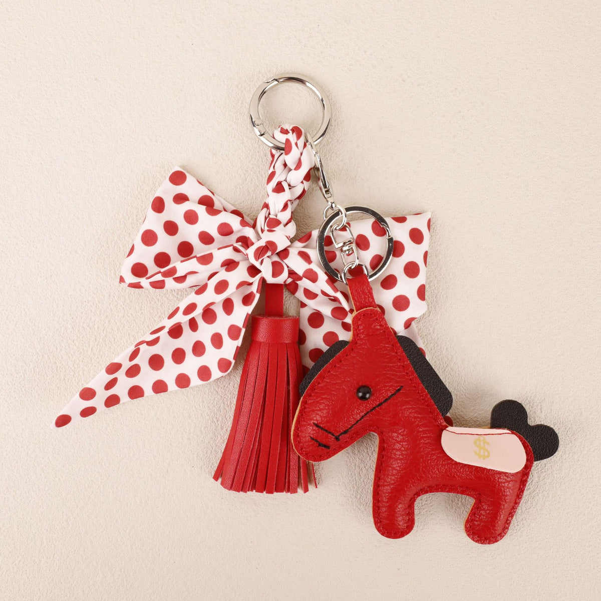 Red spotted bow keyring with decorative hanging details