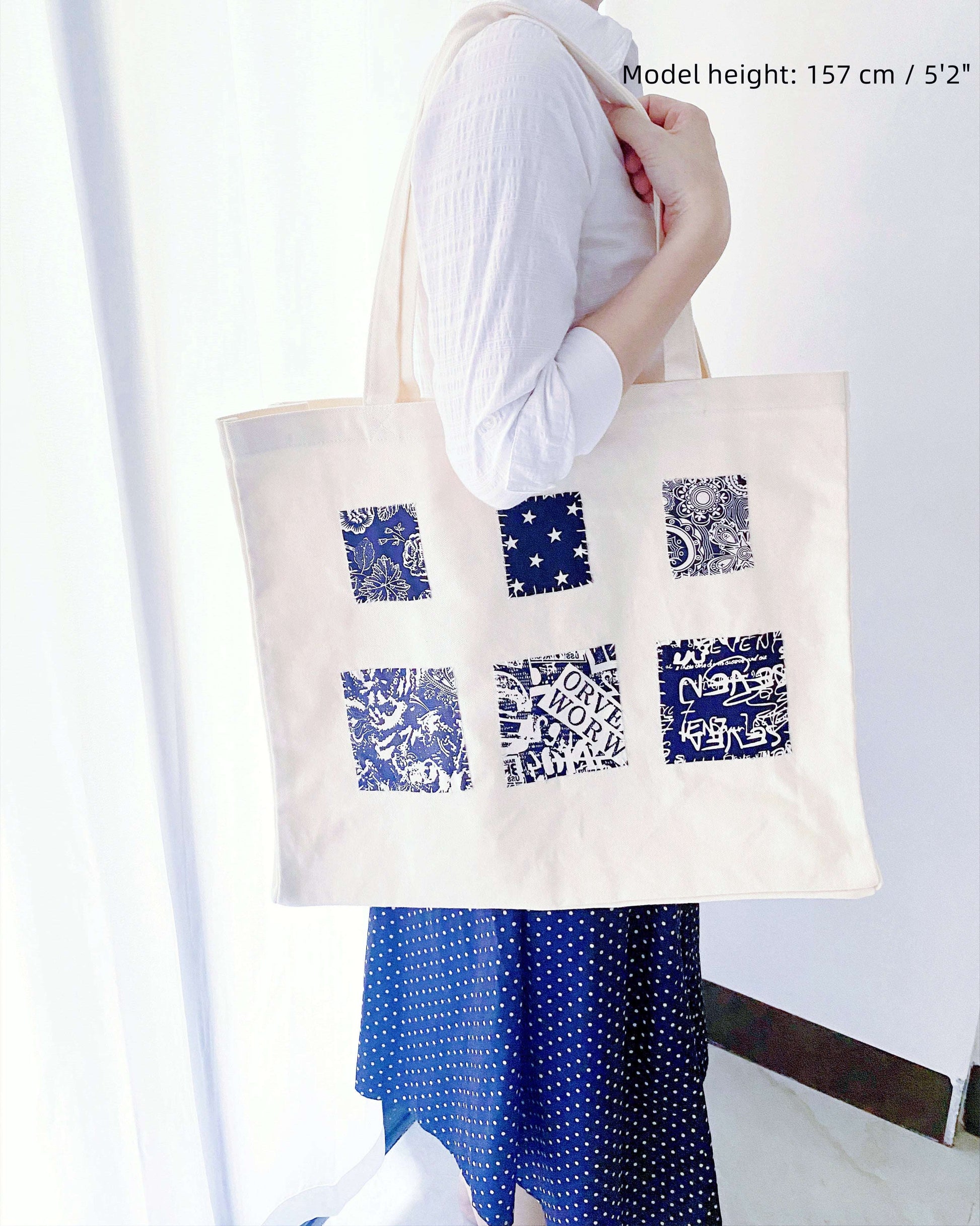 Searching for a unique yet functional bag? This large canvas tote with patchwork design is built for those who appreciate sustainable, handmade craftsmanship.