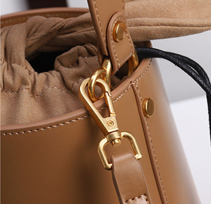 Classy Round Genuine Leather Bucket Bag Crossbody Handbag Shoulder Purse woyaza