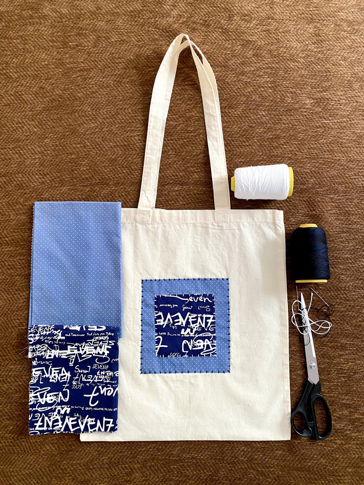 Everyday cotton tote with sewn patchwork design