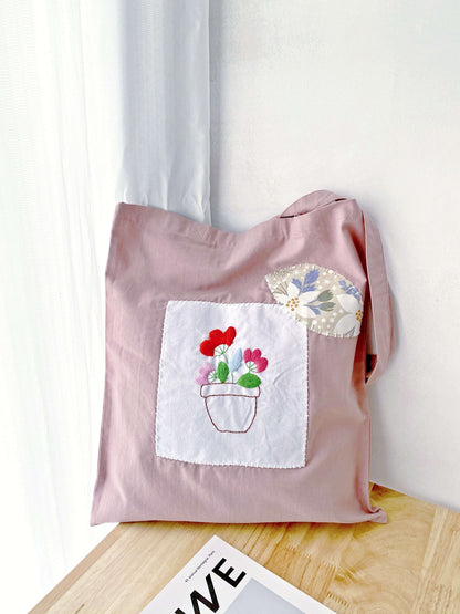 Natural Cotton Tote with Floral Needlework