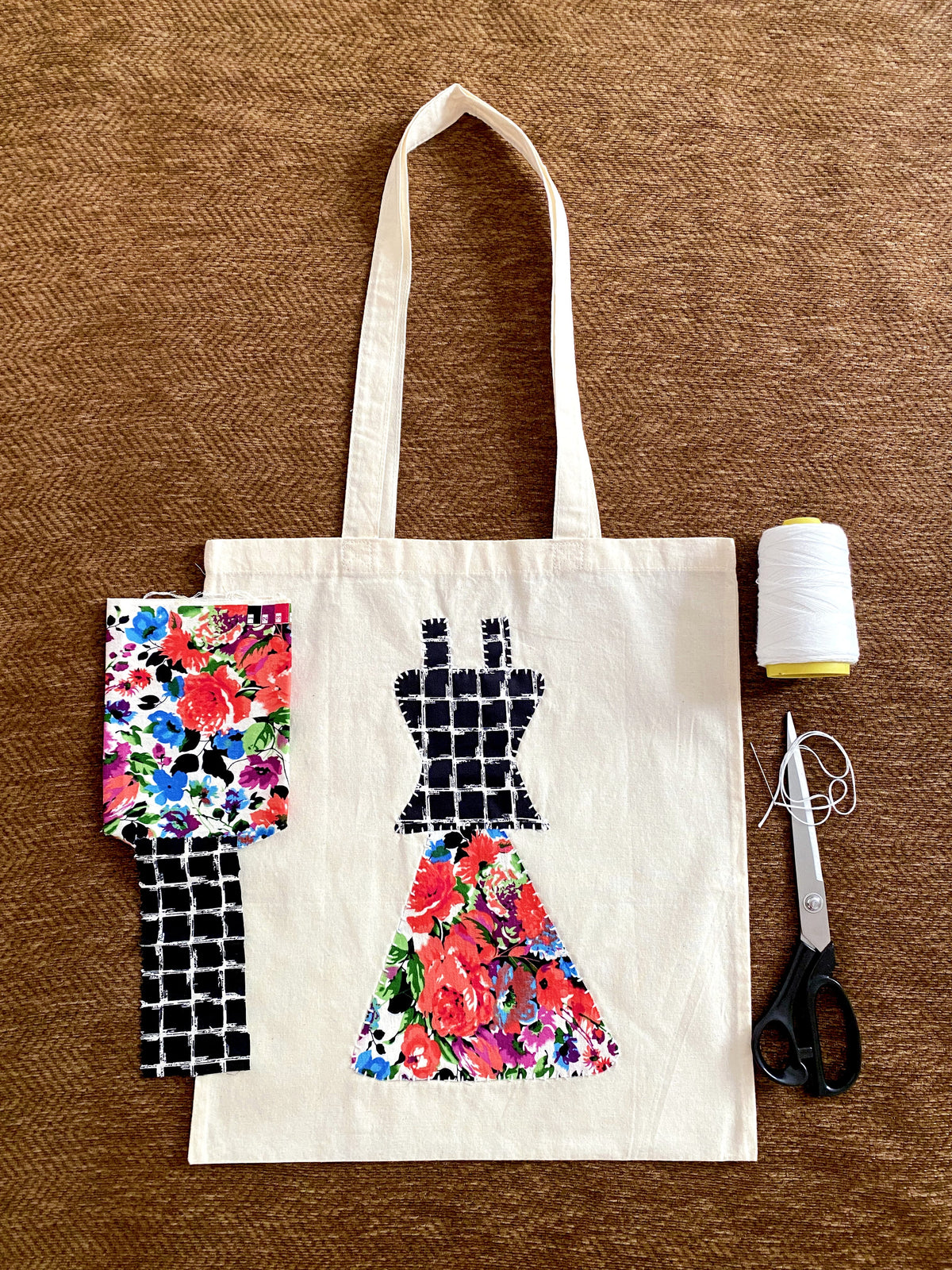 Lightweight cotton tote with hand-sewn patchwork for farmers market trips