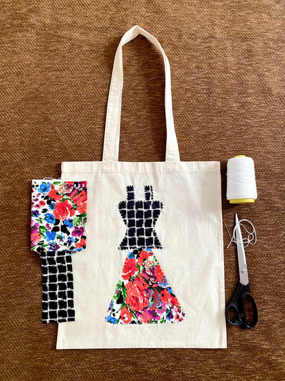 Lightweight cotton tote with hand-sewn patchwork for farmers market trips