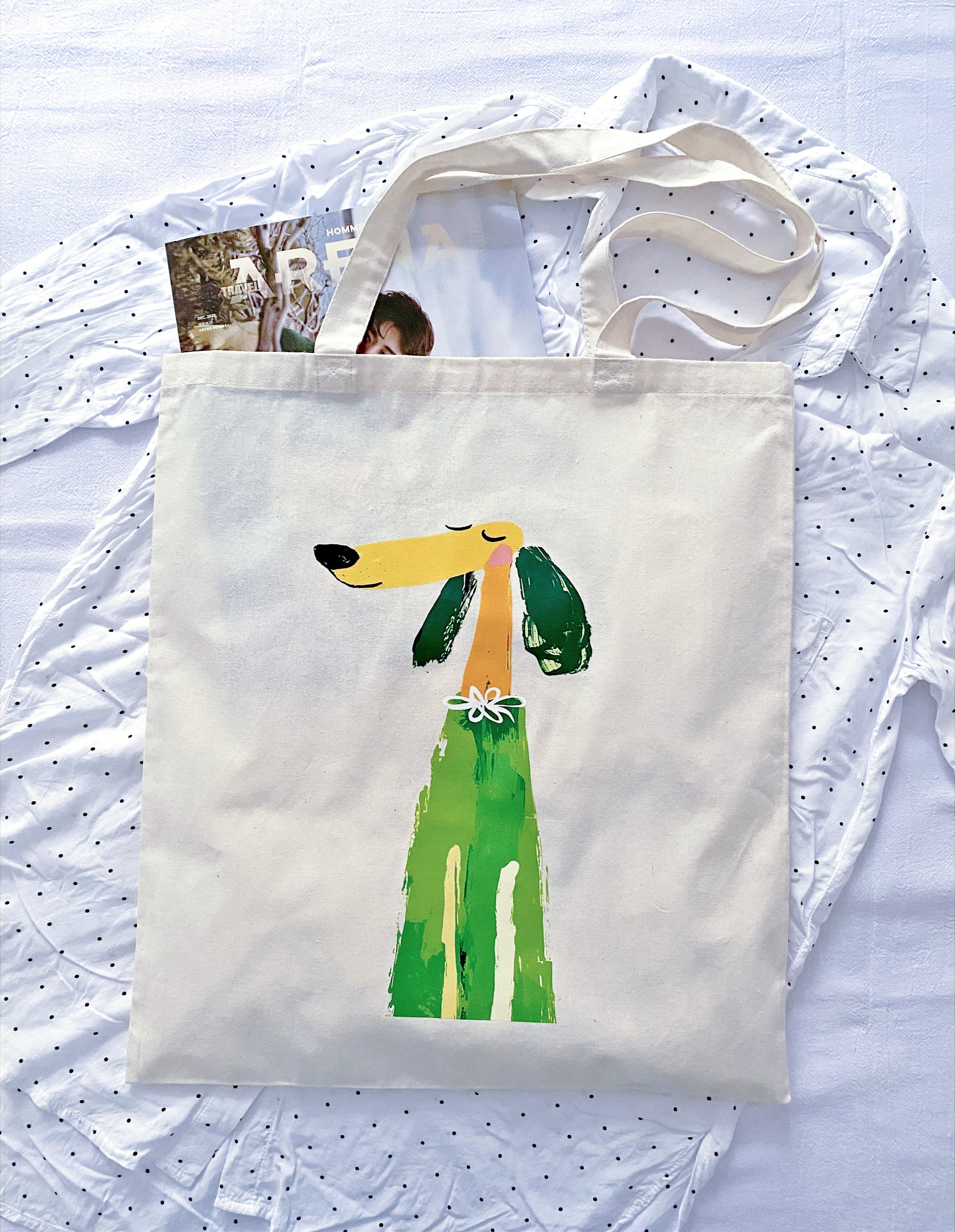 Lightweight cotton tote with a handmade puppy artwork chosen as a thoughtful gift for someone special