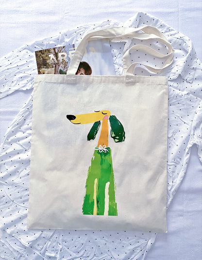 Lightweight cotton tote with a handmade puppy artwork chosen as a thoughtful gift for someone special