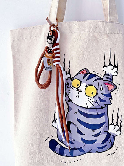 Hand-printed kitty canvas tote bag for a soft minimalist lifestyle