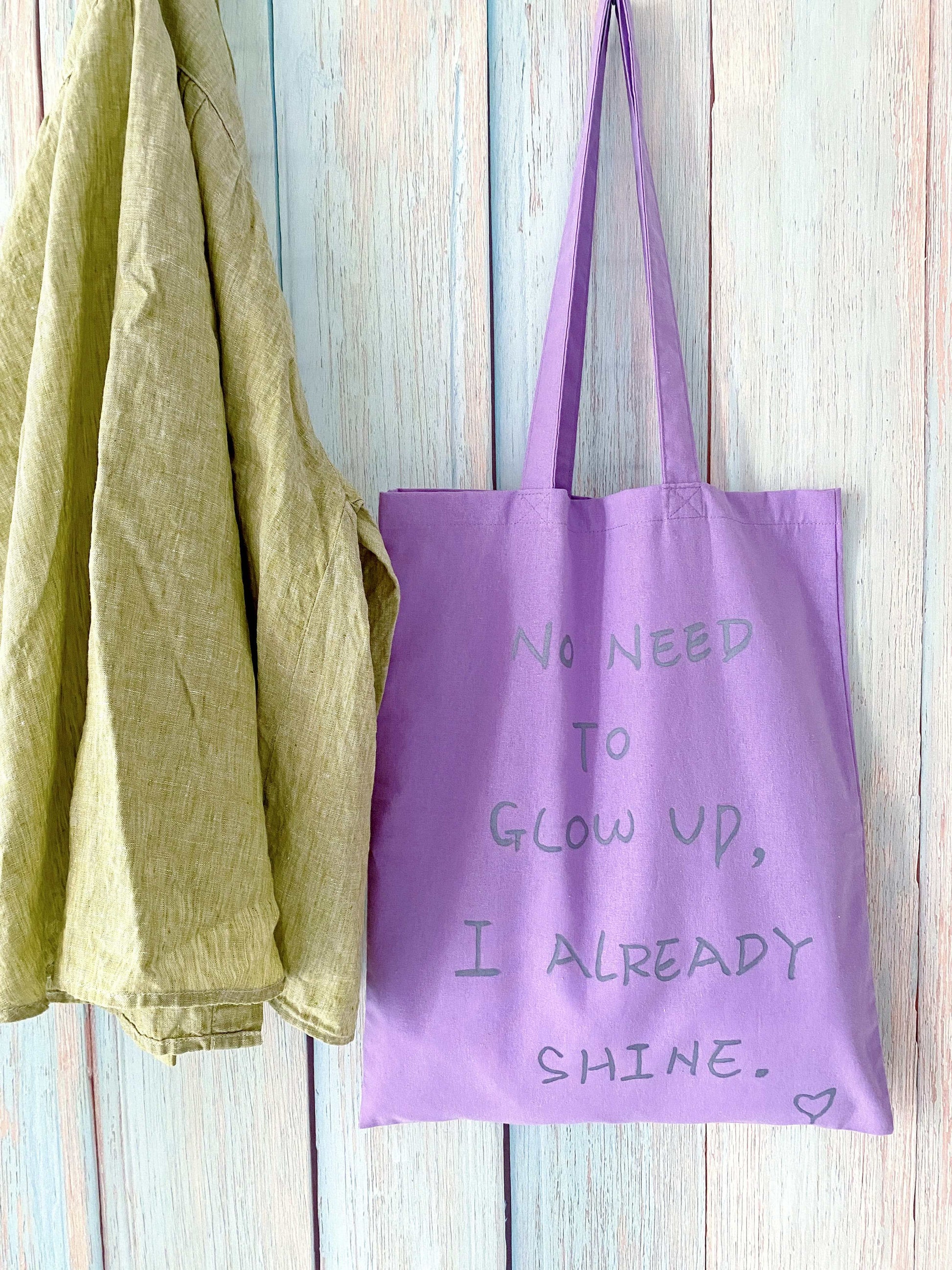 large purple cotton tote bag with personalized phrase