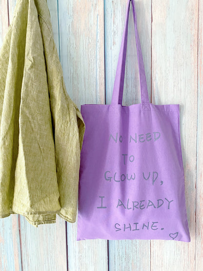 large purple cotton tote bag with personalized phrase