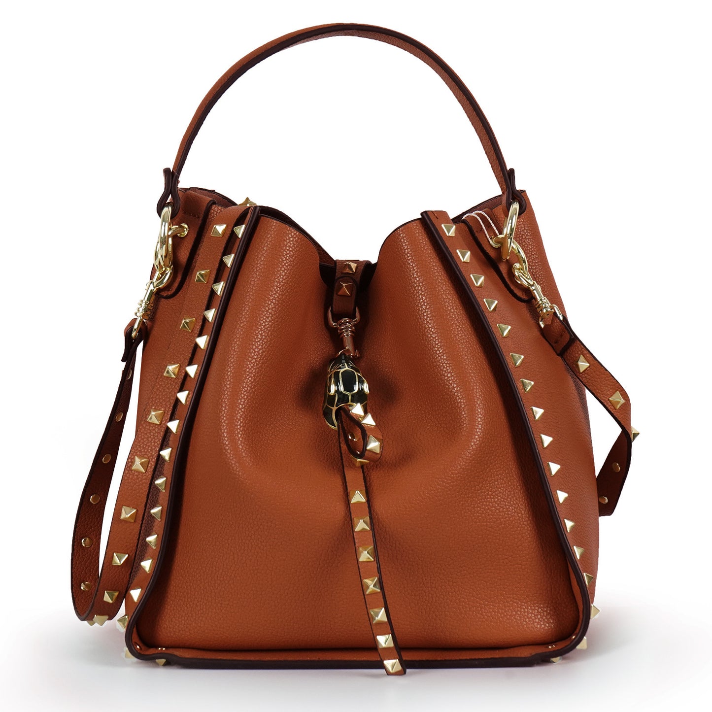 Genuine Leather Bucket Bag with Rivet Design for Work and Shopping