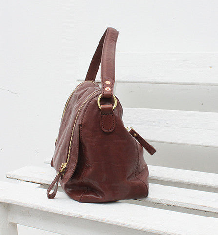 Handmade Retro Soft Leather Tote Bag with Unique Zipper Detail