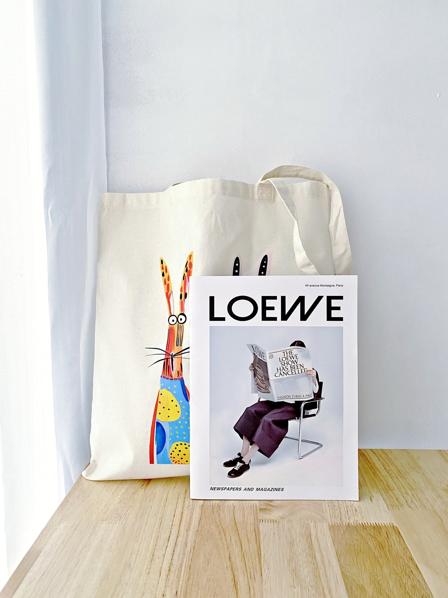 minimal cotton shopping bag with playful bunny illustration