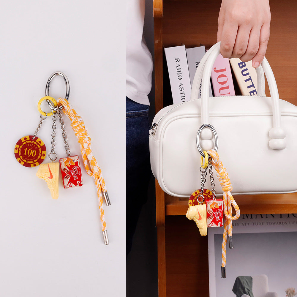 Creative yellow bag charm showing close-up texture of high quality craftsmanship