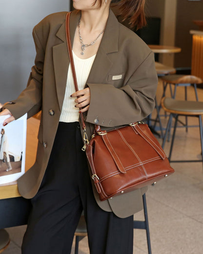 Classic Leather Handbag with Long Straps Woyaza
