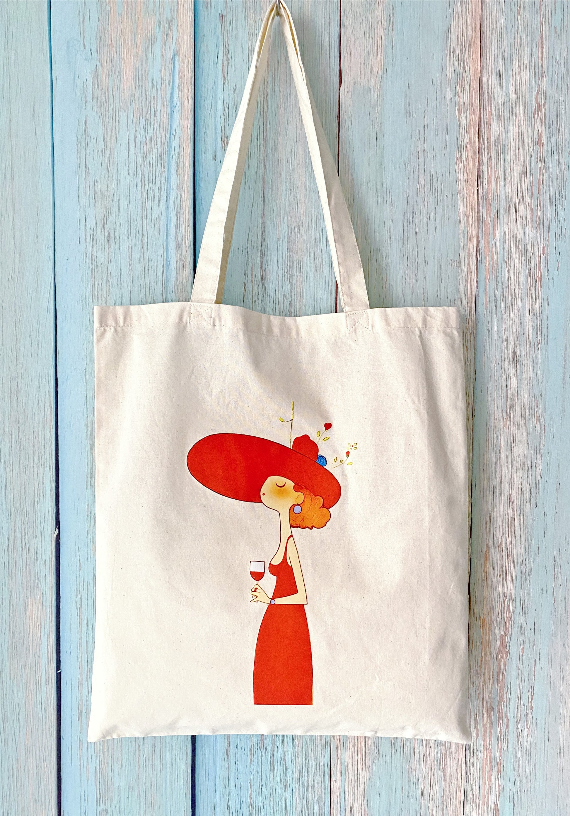 Lightweight cotton shopping bag with artistic woman print