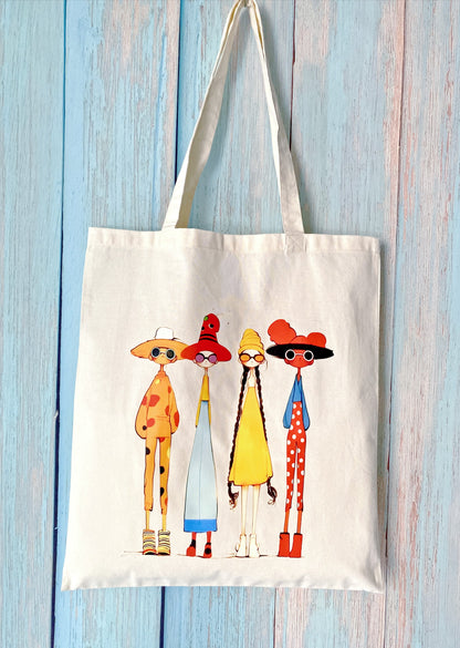 cotton carry bag featuring four girls in different skin tones