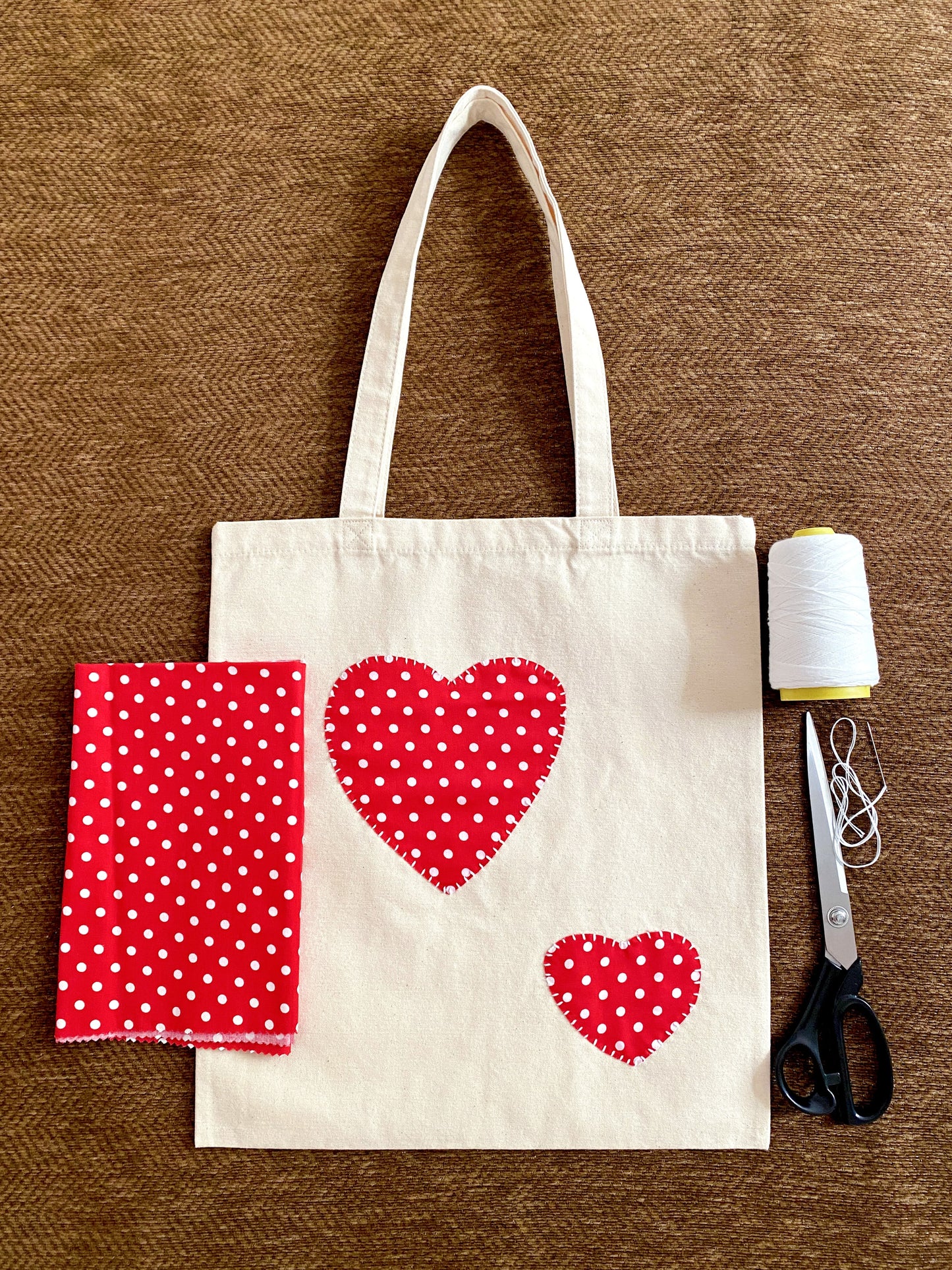 Casual canvas tote with handmade fabric heart applique