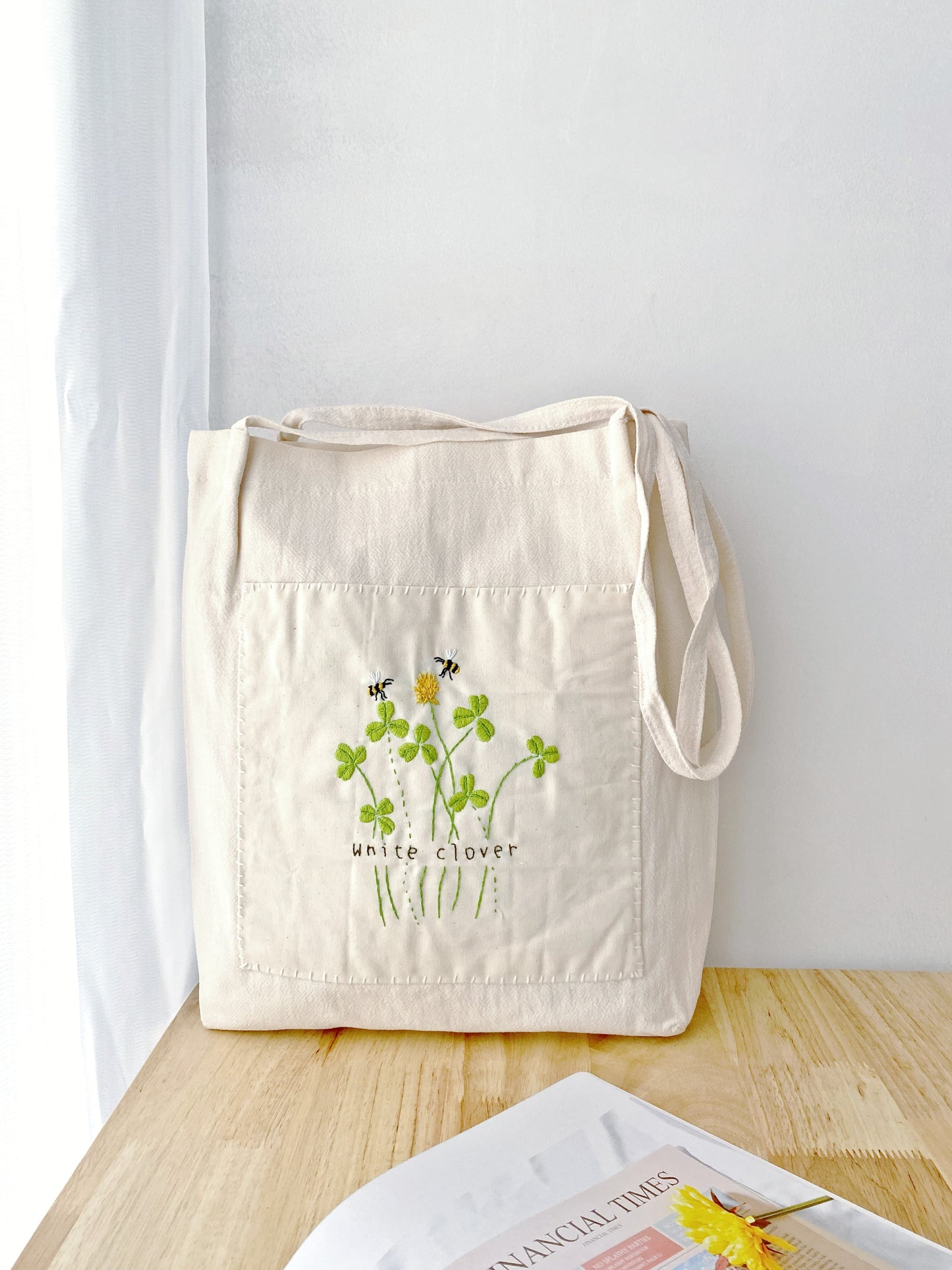 Sustainable cotton linen shoulder bag with delicate floral embroidery