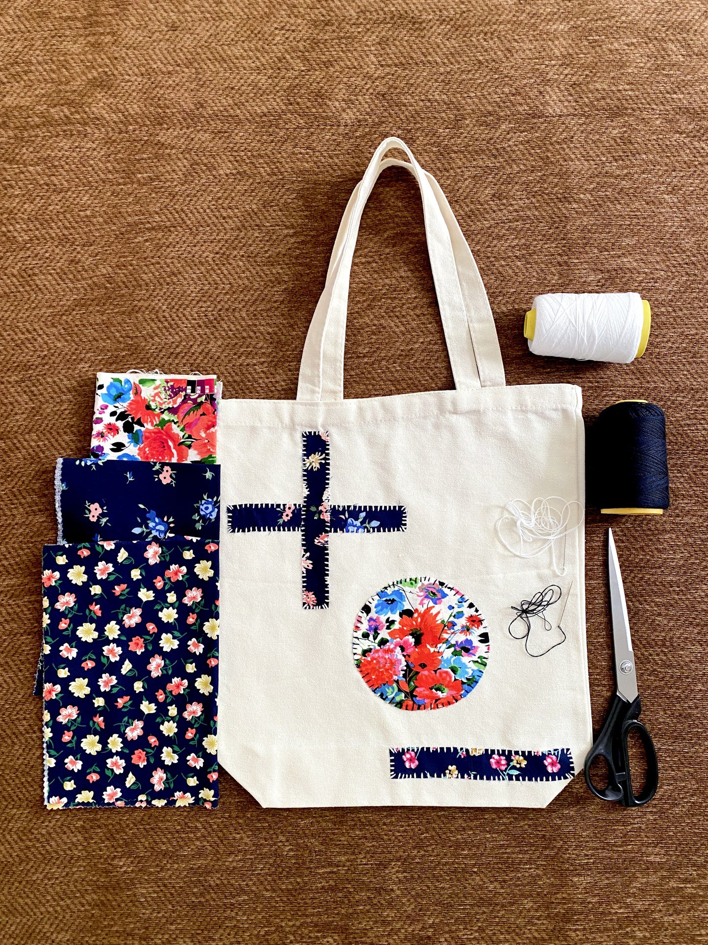 Canvas tote with handcrafted patchwork prepared for a gardener who enjoys natural living.