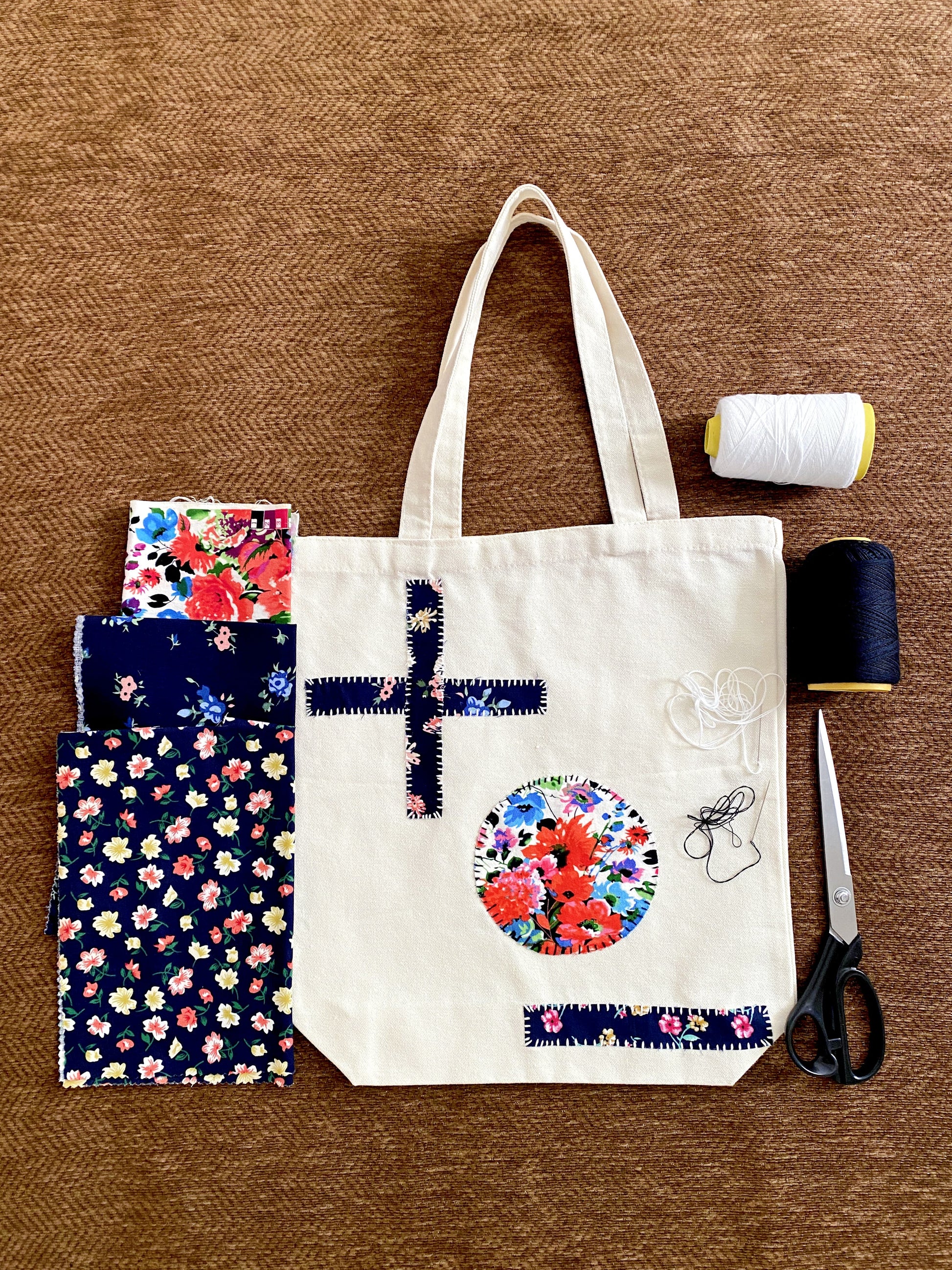 Canvas tote with handcrafted patchwork prepared for a gardener who enjoys natural living.