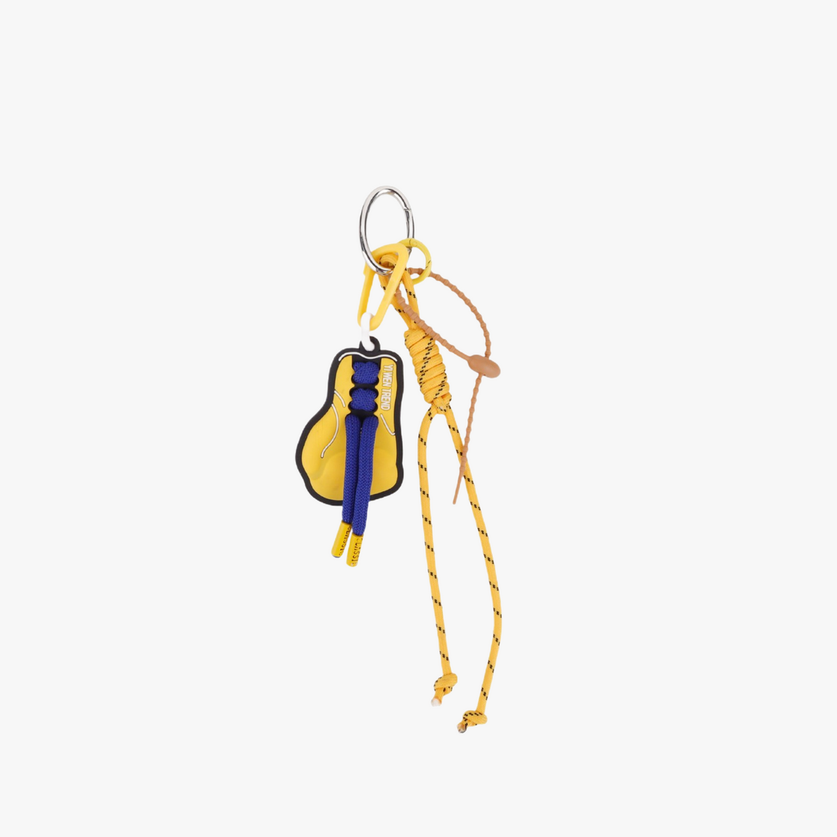 Vibrant yellow handcrafted sporty keychain clipped to a canvas gym bag