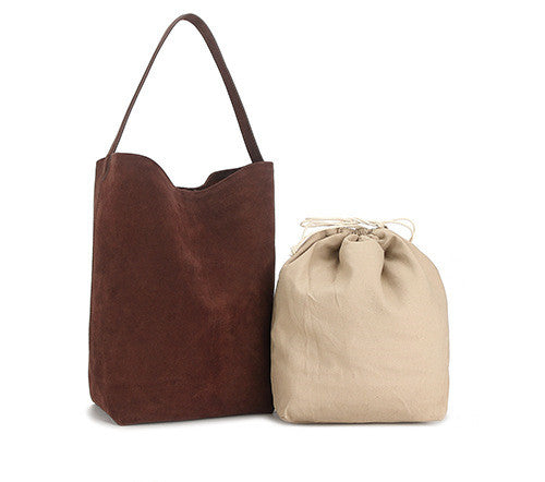 Compact Suede Leather Bucket Bag with Adjustable Strap