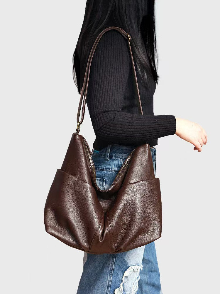 Women’s Soft Leather Vintage Shoulder Bag with Large Capacity for Daily Activities