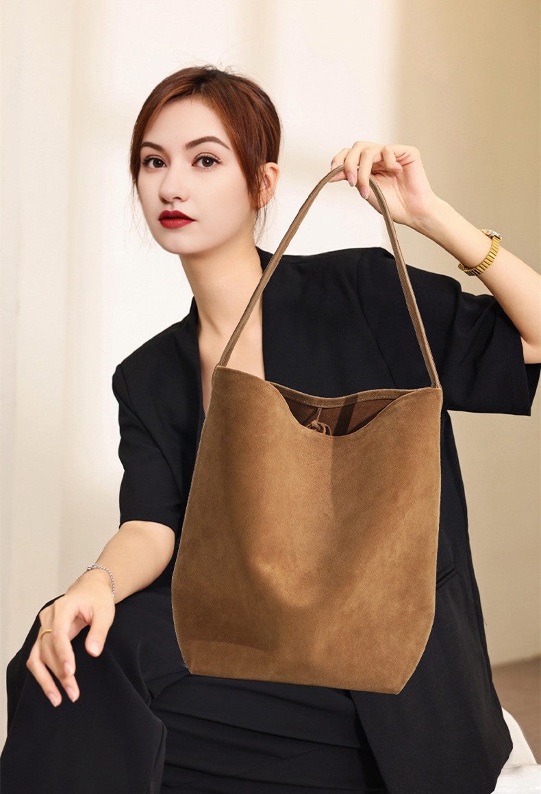 Large Suede Leather Bucket Bag for Women with Multiple Carrying Options