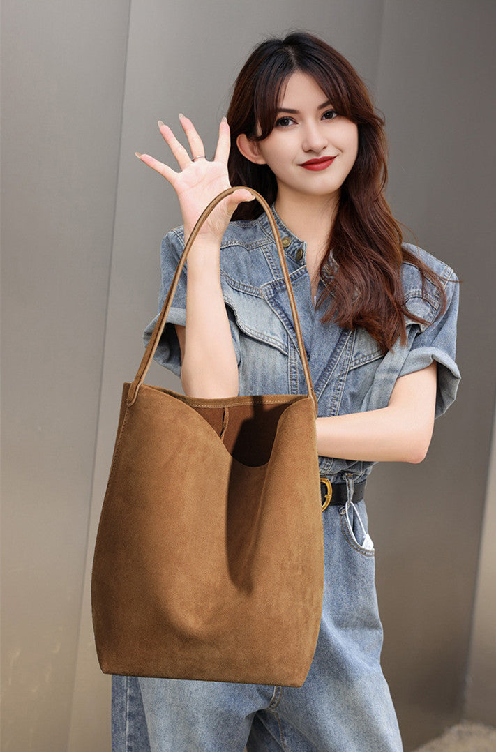 Lightweight Suede Leather Tote Bag for Casual and Work Use