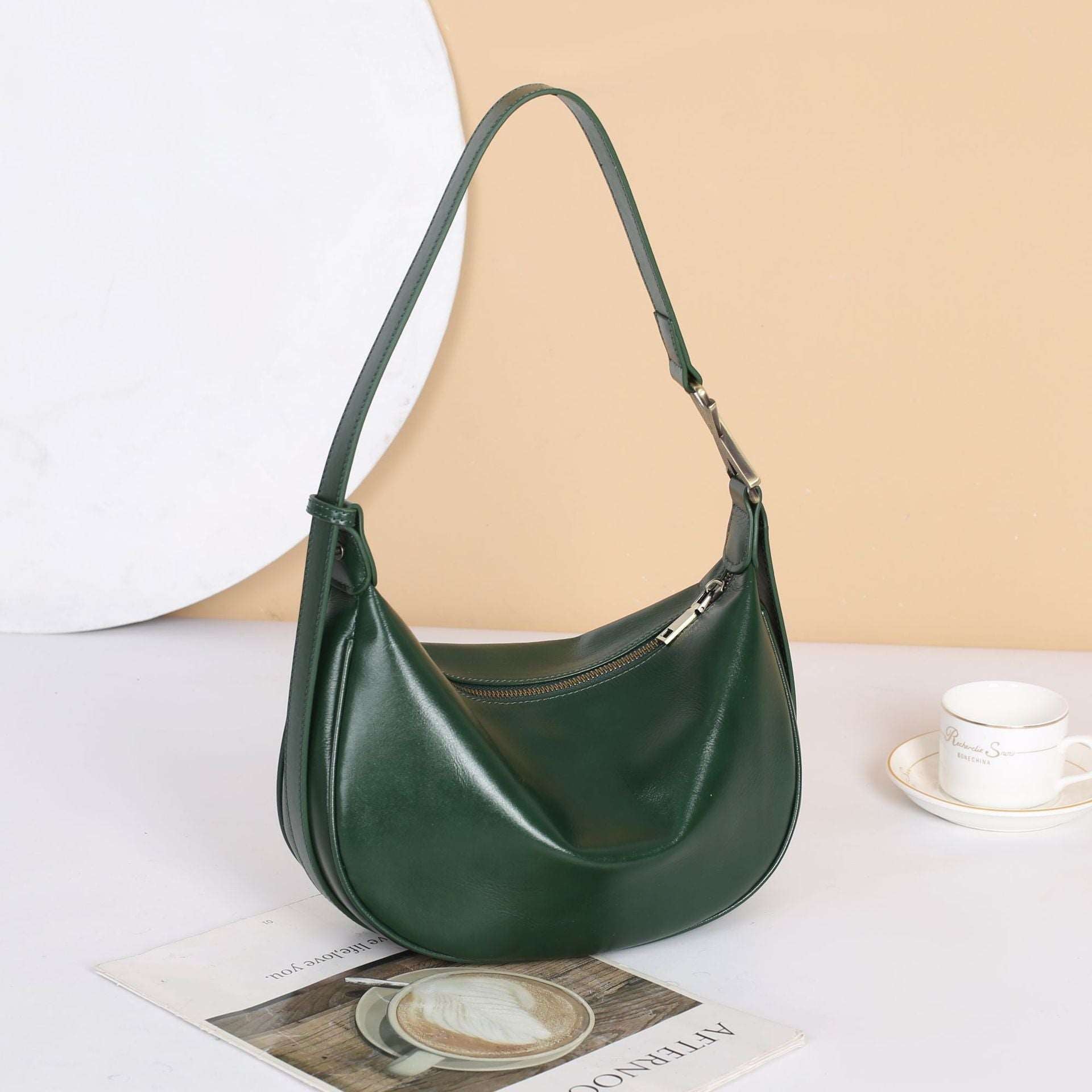 Leather Crescent Shoulder Bag woyaza