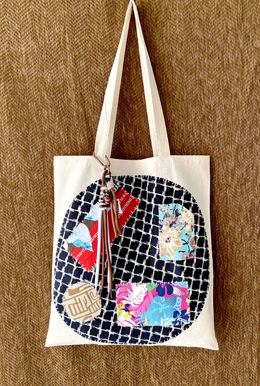 unique cotton tote bag with stitched patchwork pattern