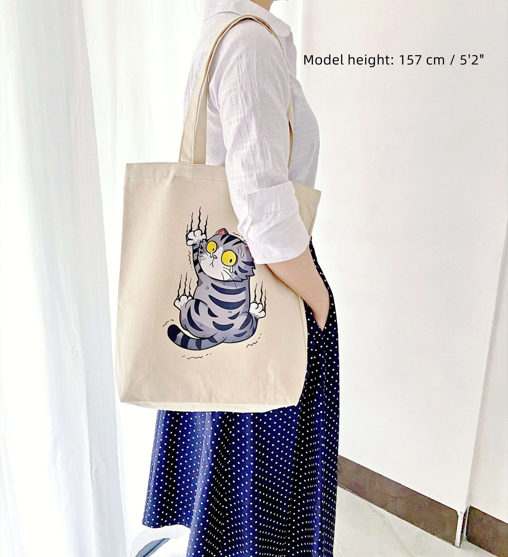 large eco canvas shopping bag with expressive cat artwork
