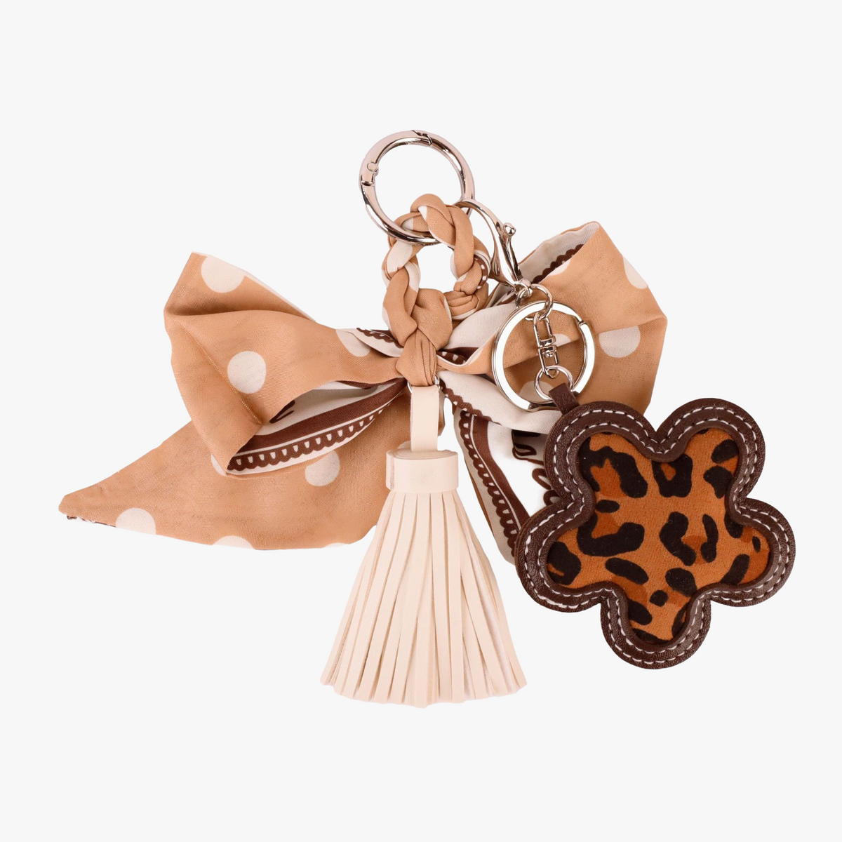 French khaki scarf bow bag charm with handmade tassel