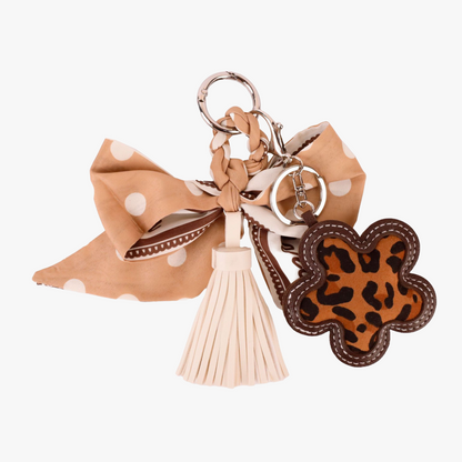 French khaki scarf bow bag charm with handmade tassel