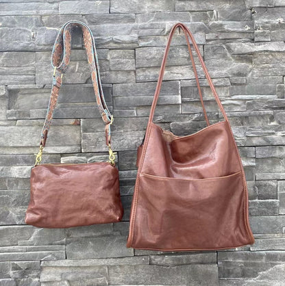 Retro Style Genuine Leather Tote with Magnetic Snap Closure