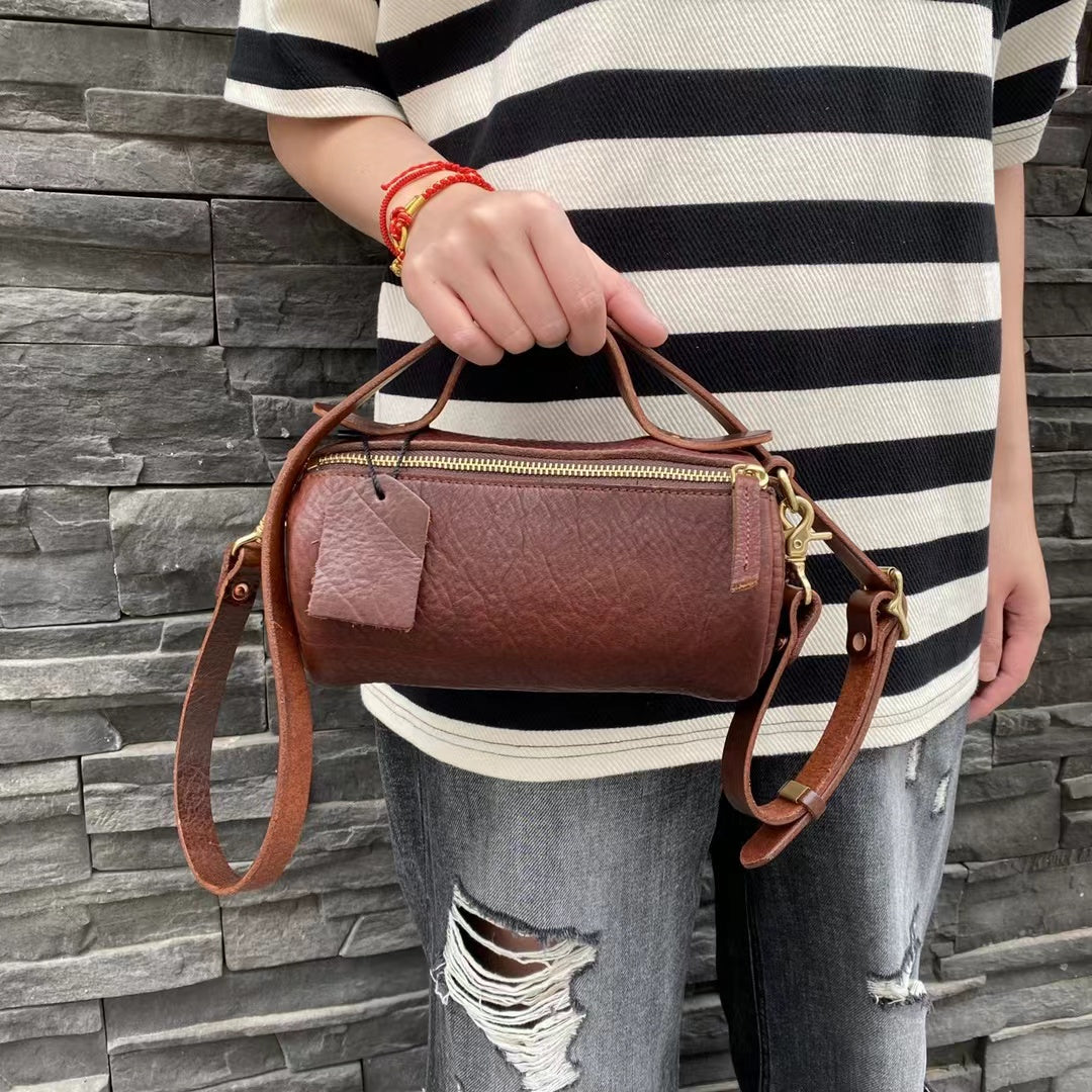 Customizable Vintage Leather Cylinder Handbag with Long Shoulder Belt