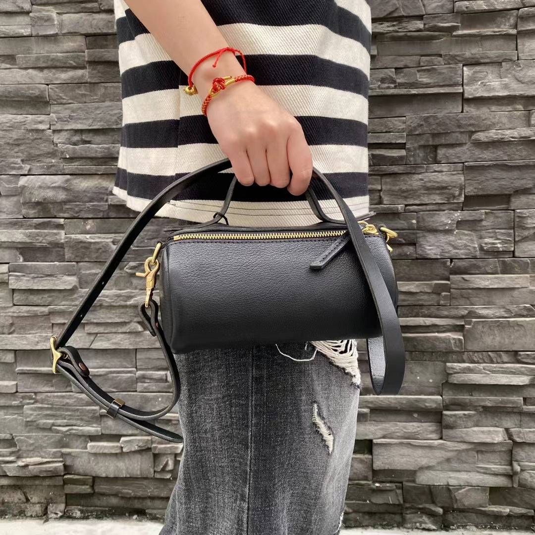 Fashionable Round Leather Handbag with Long Strap
