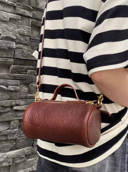 Leather Round Handbag with Adjustable Shoulder Strap
