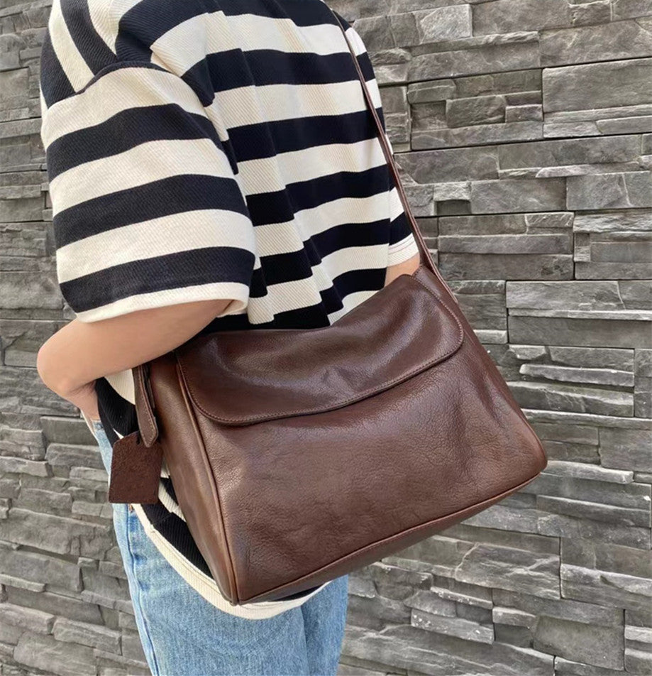 Classic Brown Leather Messenger Bag for Women