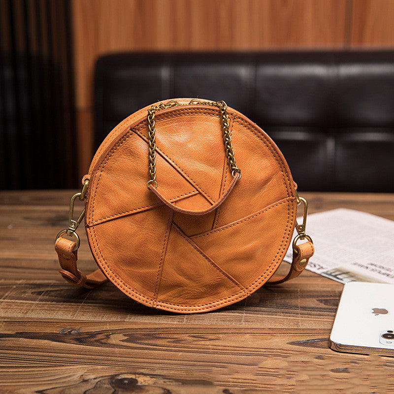 Trendy genuine leather round crossbody bag with chain strap for women