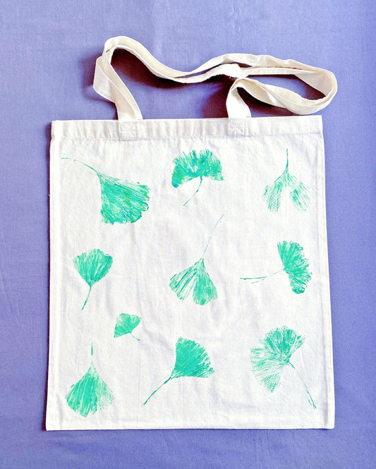 My go-to lightweight tote for farmers market runs, featuring hand-pressed ginkgo leaves on super soft natural cotton.