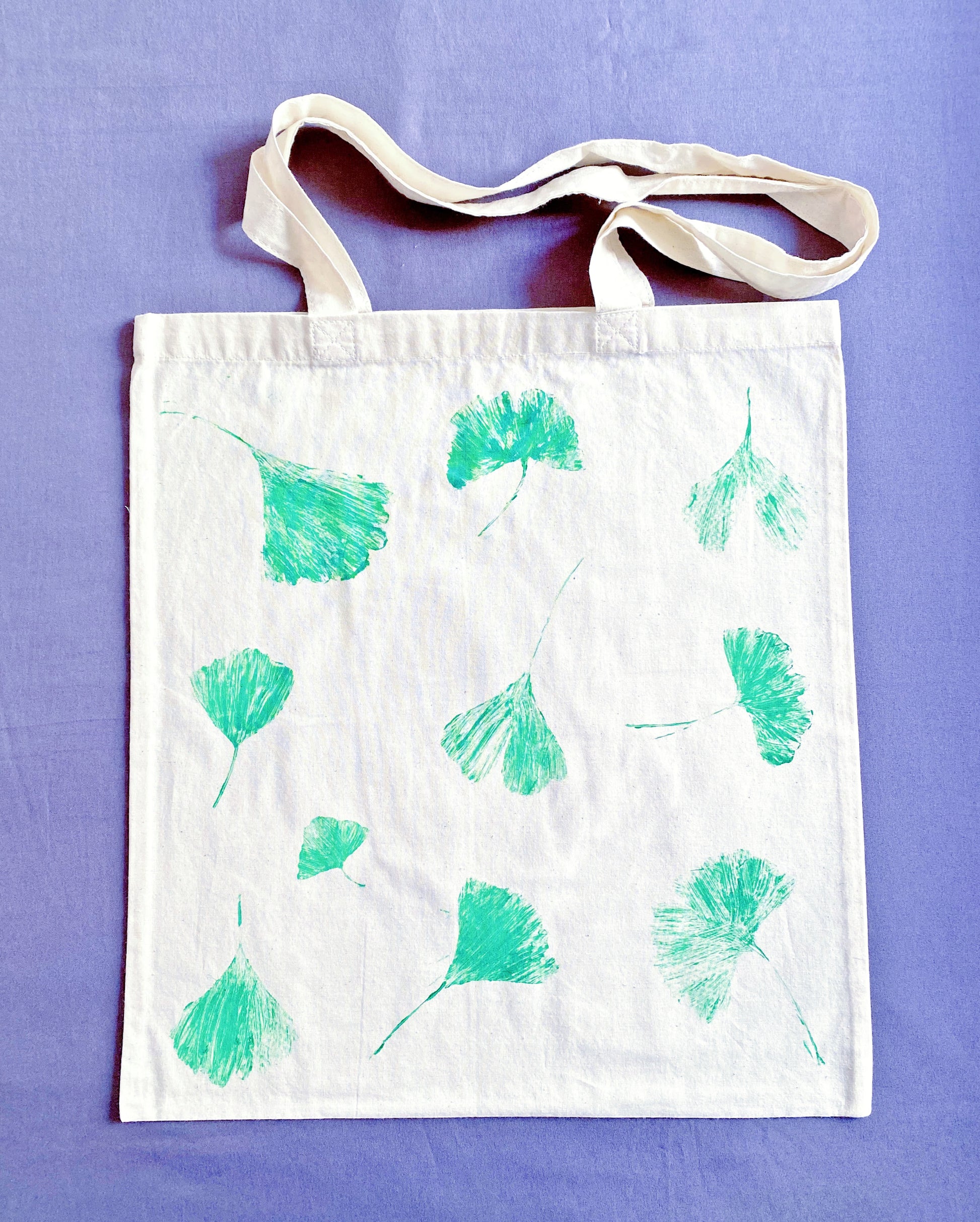 My go-to lightweight tote for farmers market runs, featuring hand-pressed ginkgo leaves on super soft natural cotton.