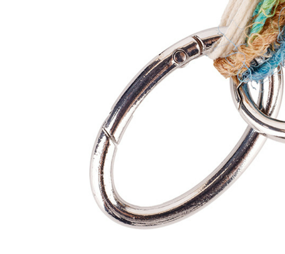 Handcrafted woven keychain with wood bead detailing